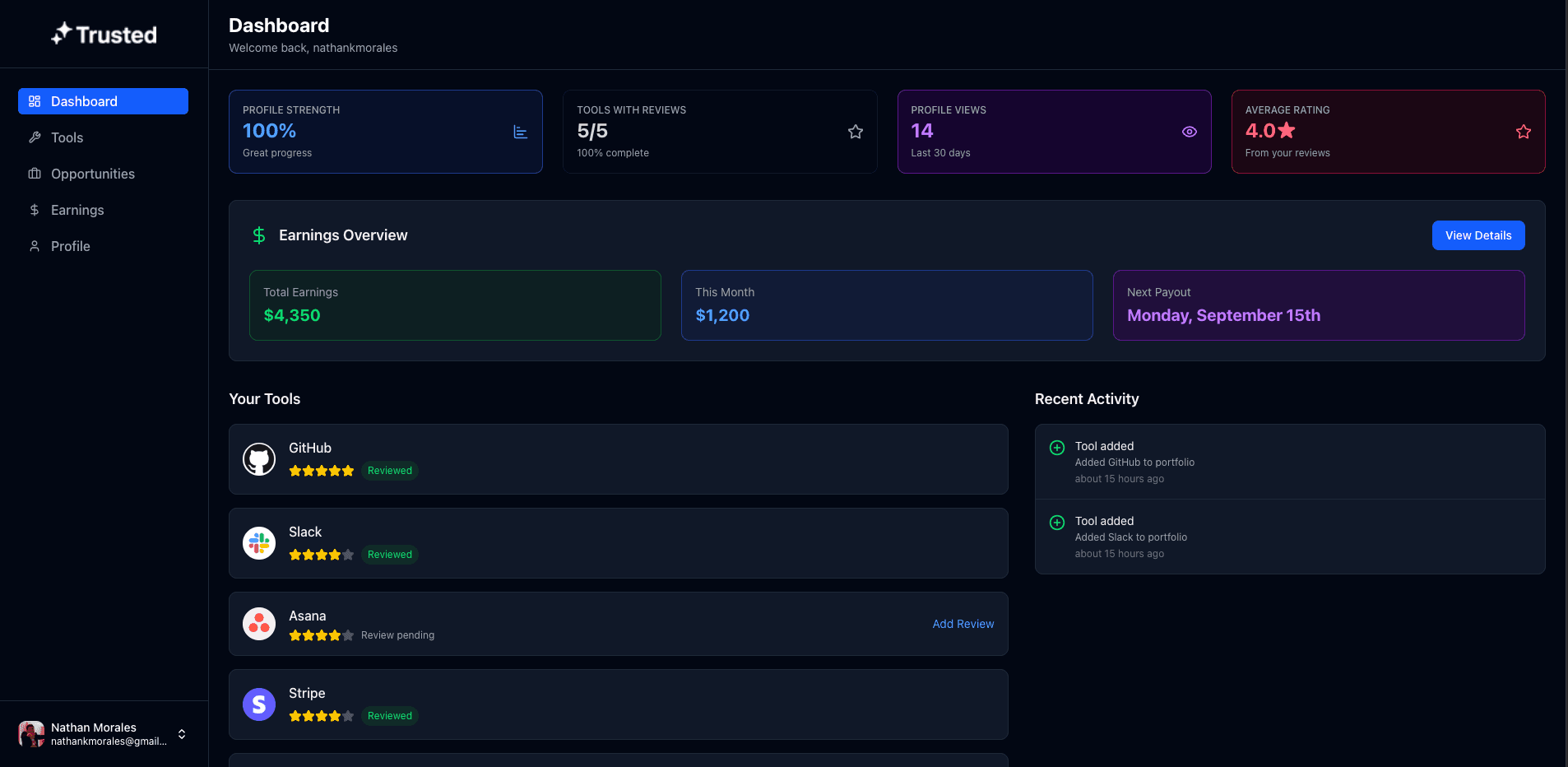 TrustedApp Expert Dashboard showing earnings overview, tools, and recent activity